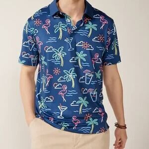 Chubbies Neon Tropical Flamingo Polo Shirt Blue Vacation Print Mens Med